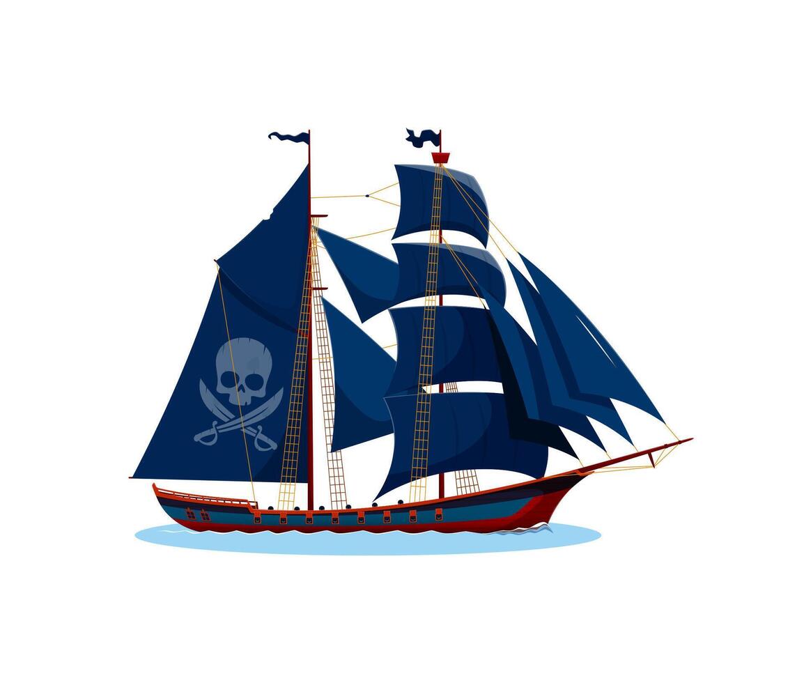 Pirate ship with black sails, skull and crossbones vector