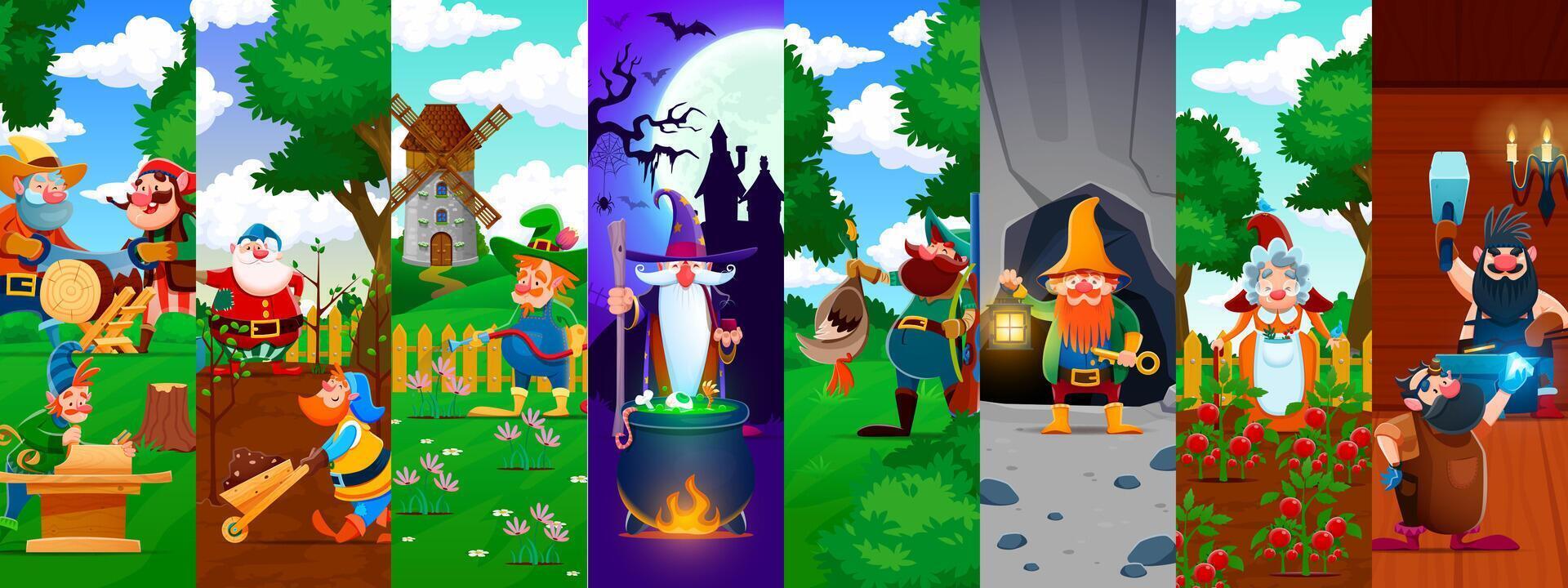 Cartoon dwarf and gnome characters collage vector