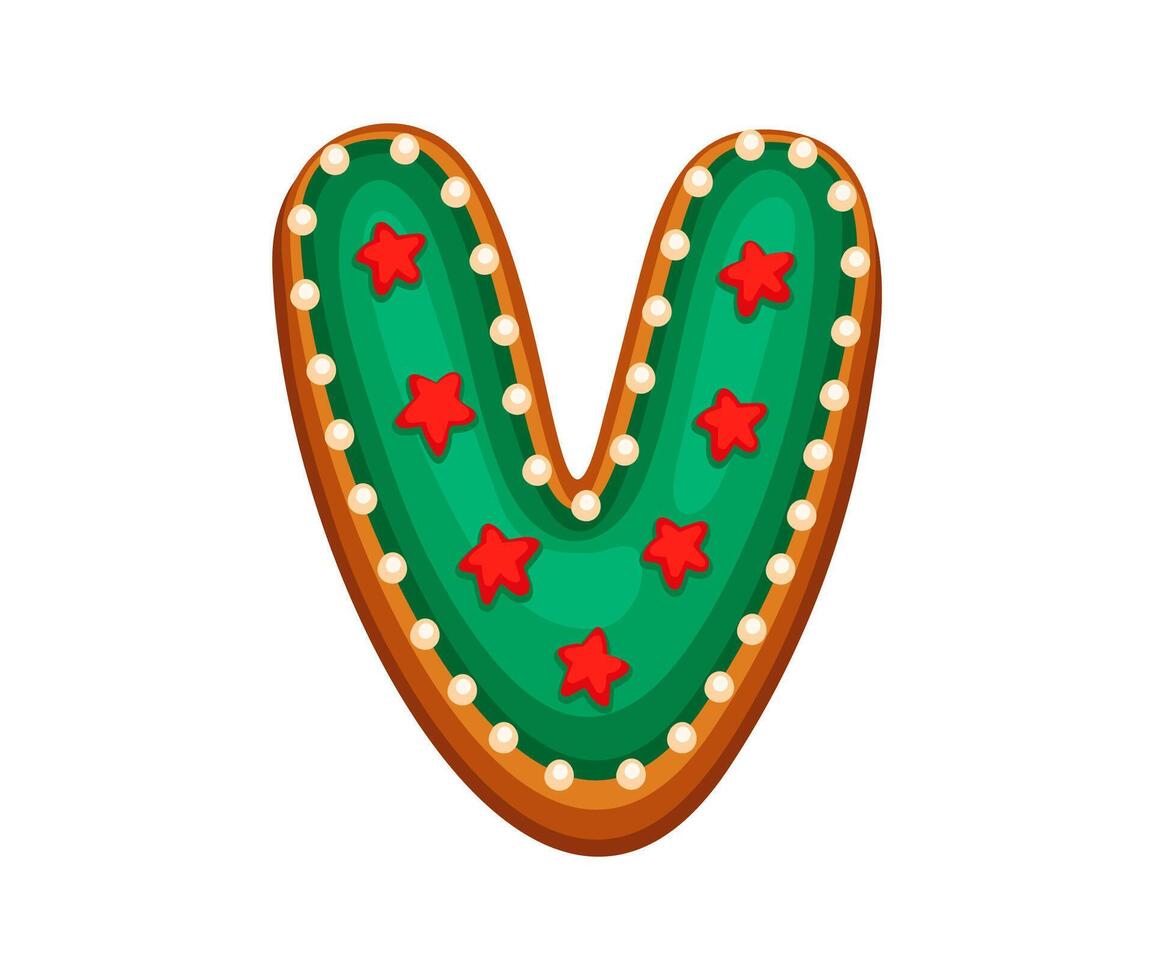 Festive gingerbread letter V with green icing vector