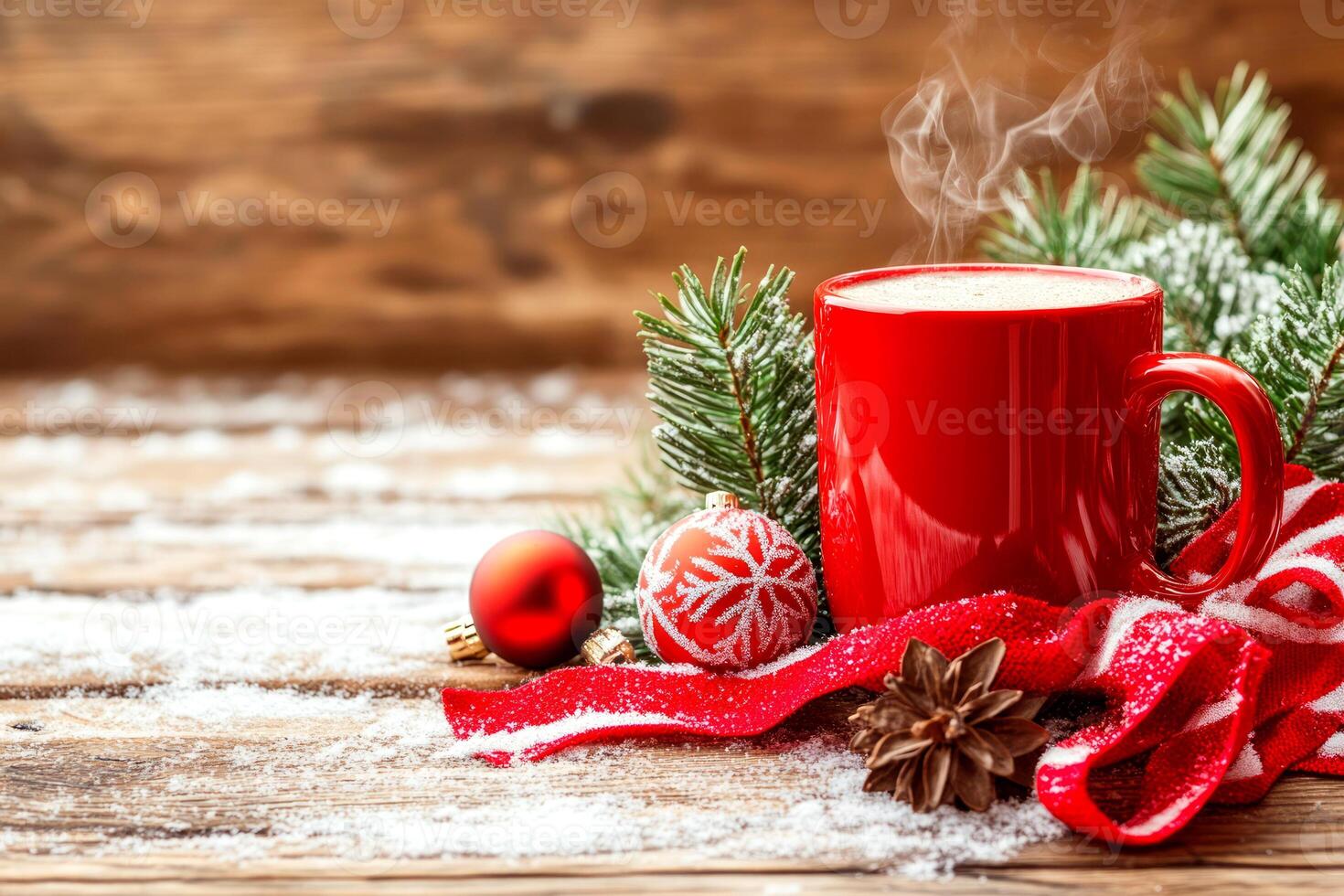 red mug with red ribbon and pine cone on top of it with space for text photo