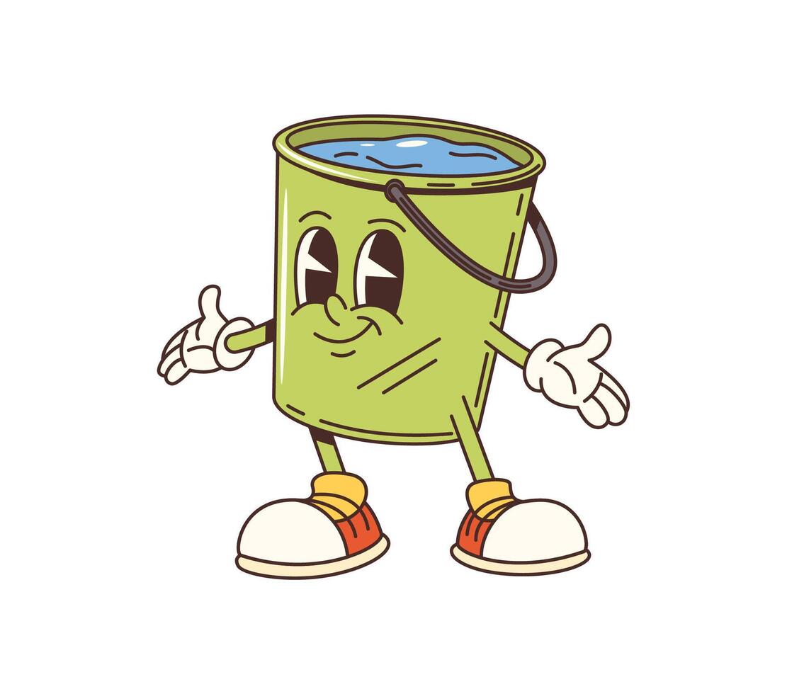 Cartoon groovy green bucket character with water vector