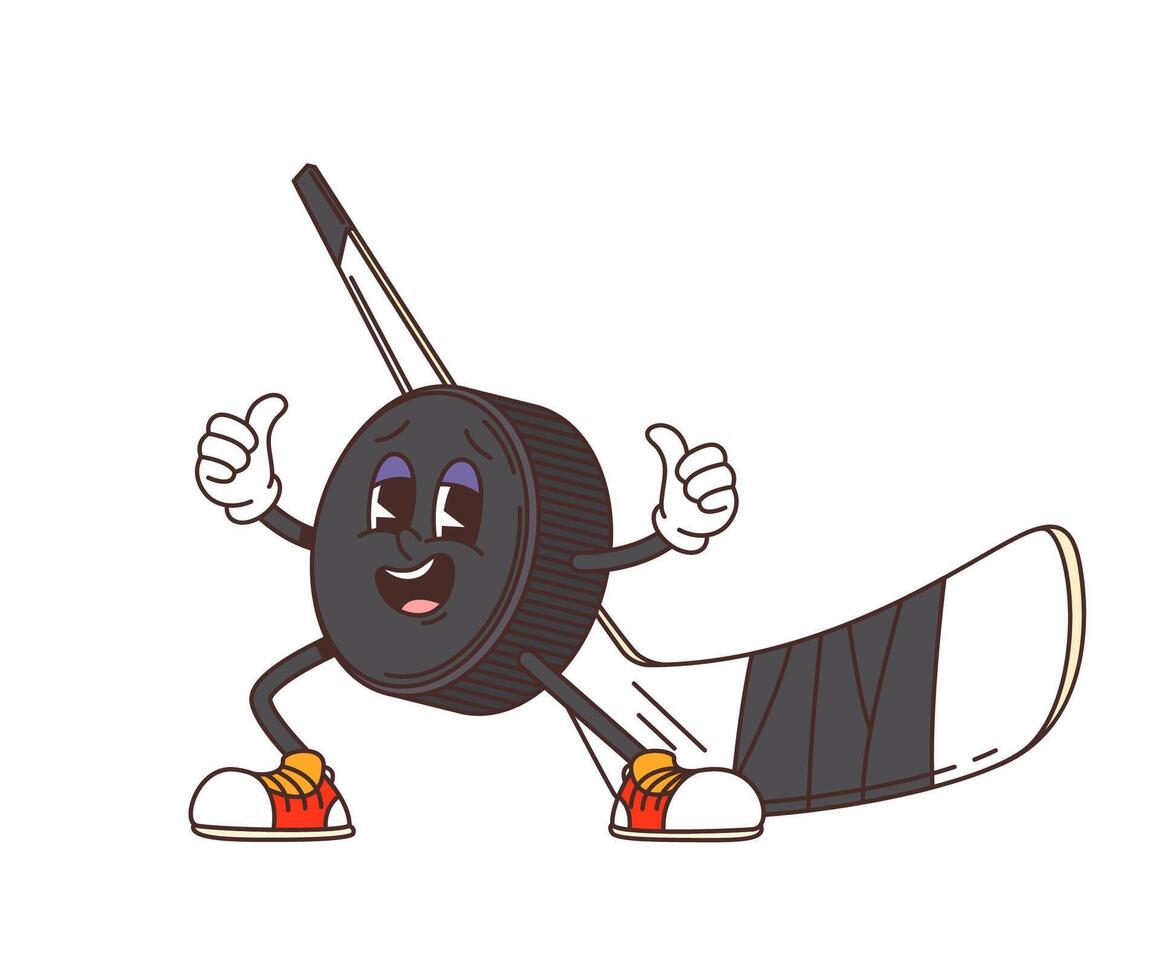 Cartoon retro groovy ice hockey stick and puck vector