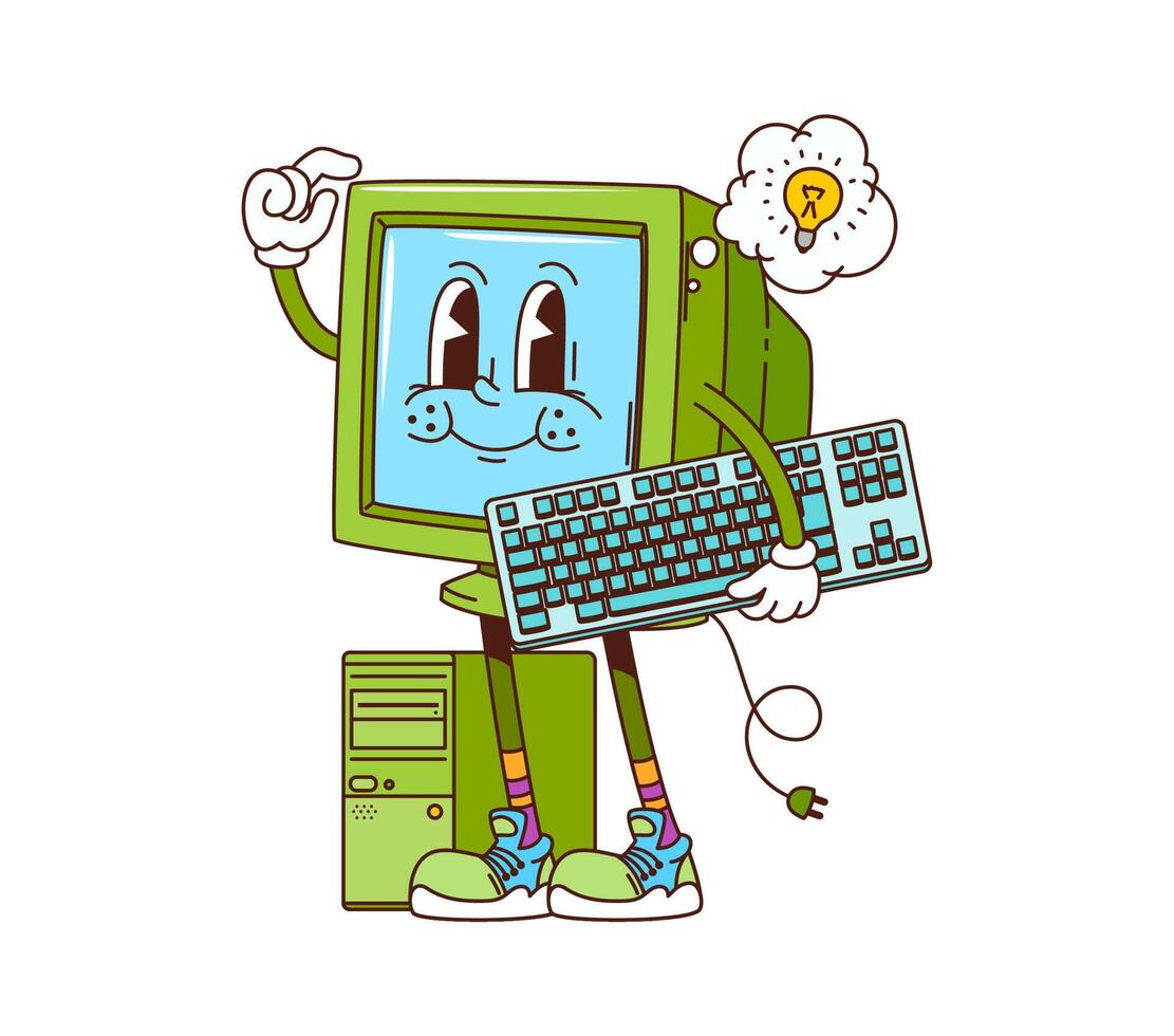 Retro groovy computer cartoon vintage pc character vector