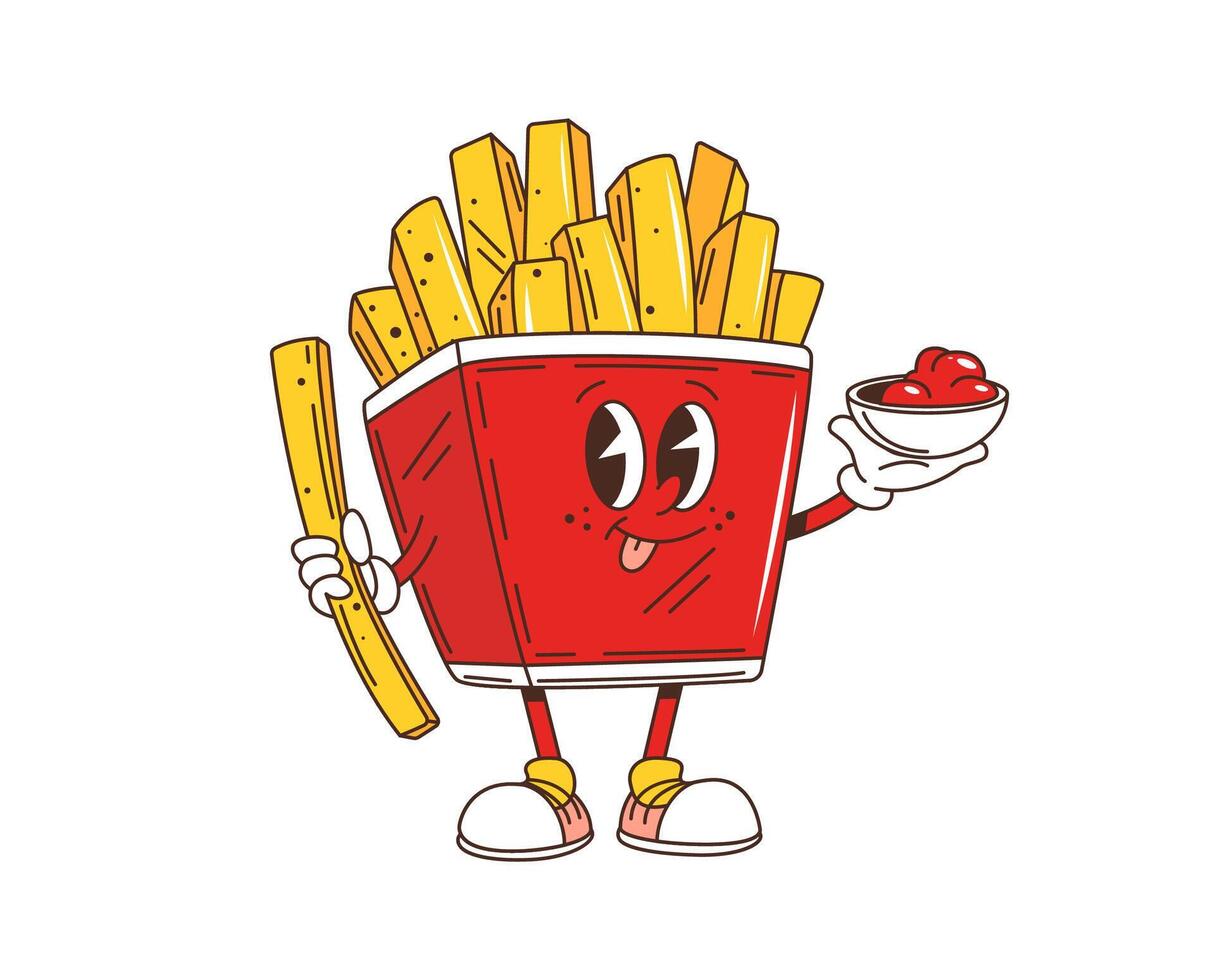 Cartoon retro groovy fries fast food character vector
