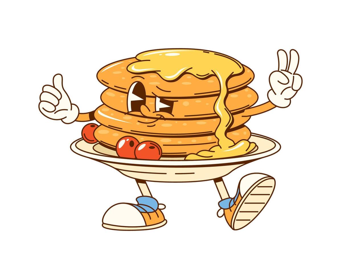 Cartoon groovy pancakes with syrup and berries vector