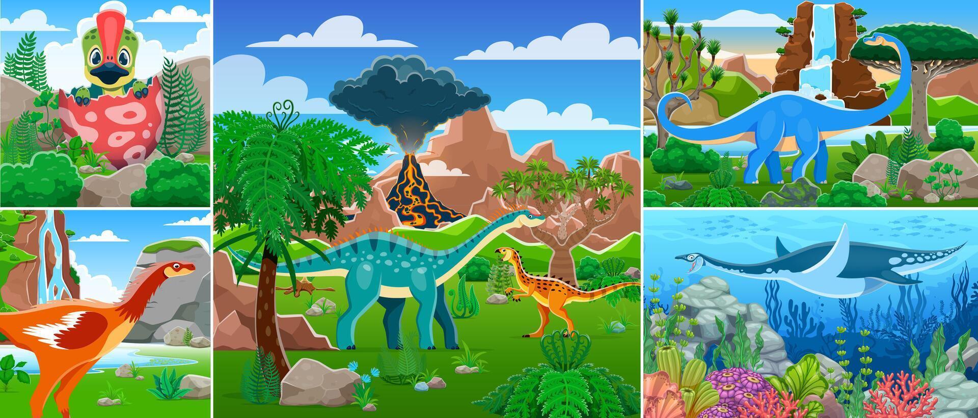Cartoon dinosaurs and reptile characters collage vector