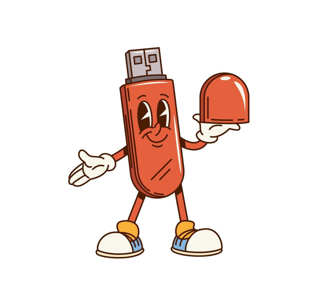 Groovy computer USB flash memory cartoon character vector