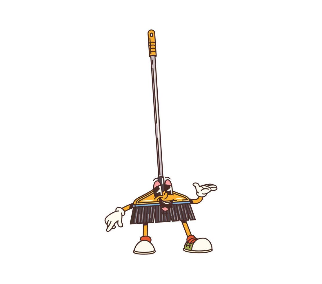 Cartoon groovy broom cleaning tool retro character vector