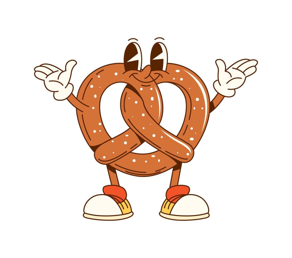 Cartoon groovy pretzel fast food retro character vector