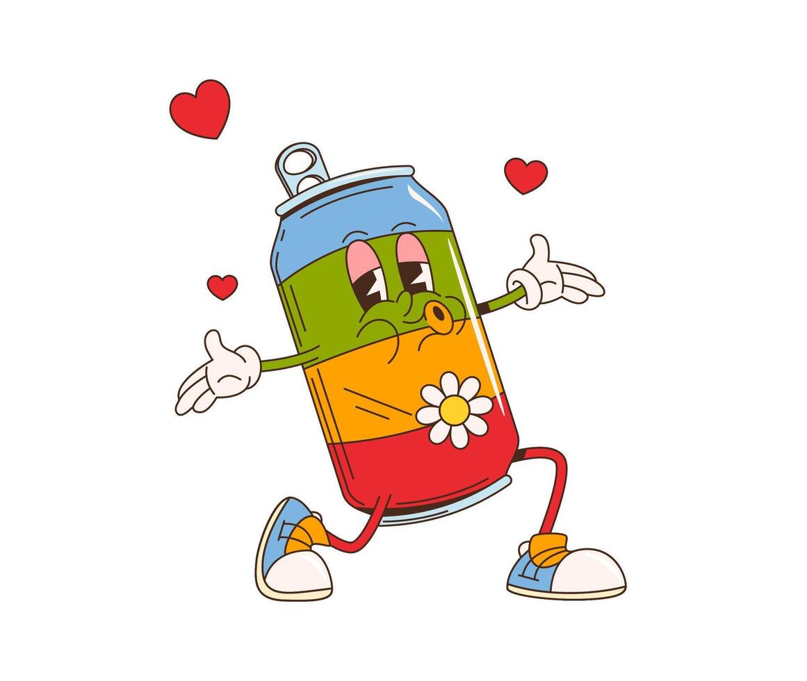 Cartoon retro groovy cola drink character in love vector