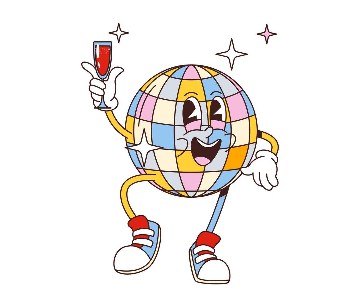 Cartoon groovy disco ball character with glass vector