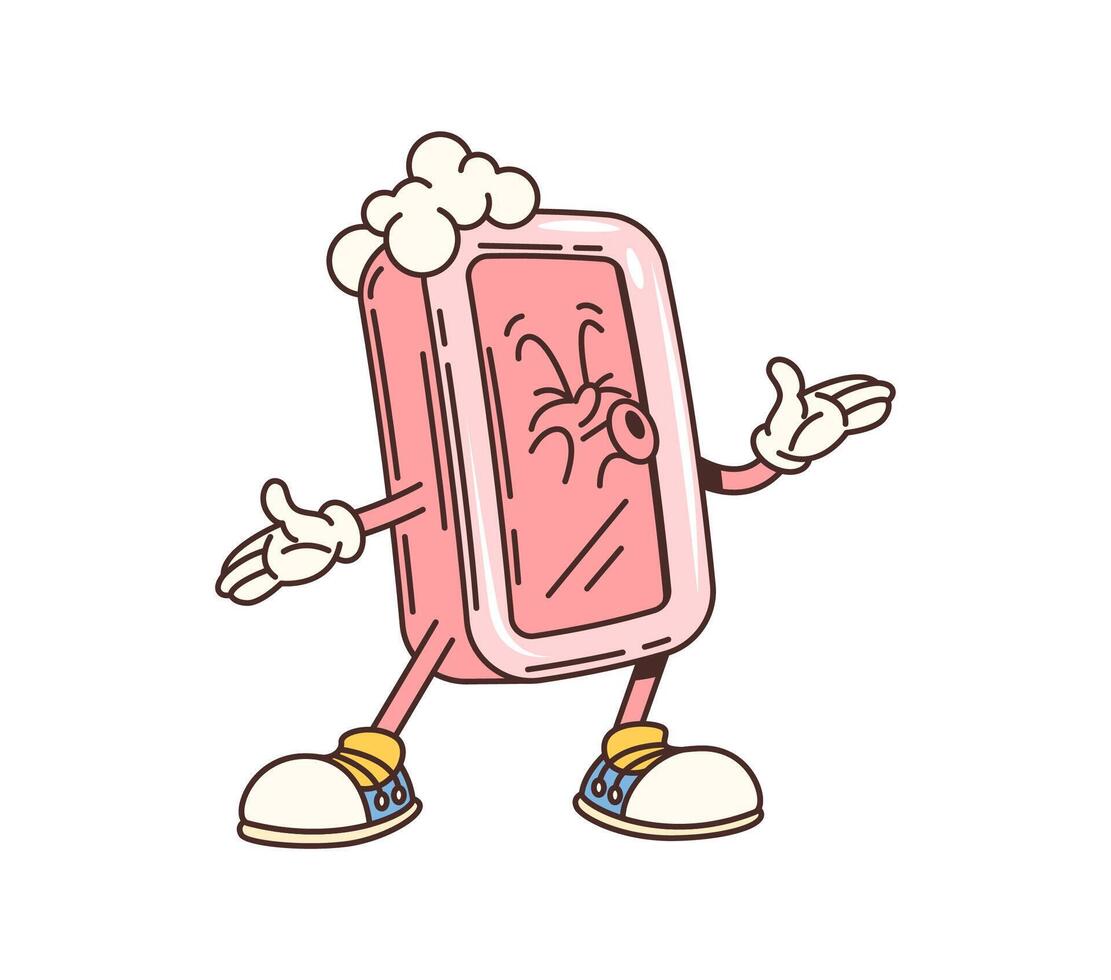 Cartoon soap bar groovy character with bubbles vector