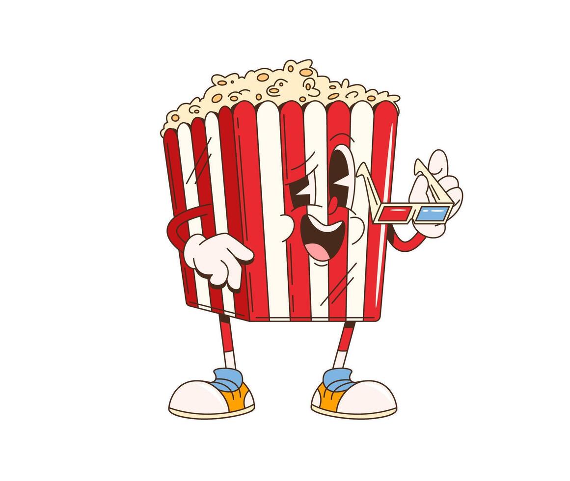 Cartoon retro groovy fast food popcorn bucket vector