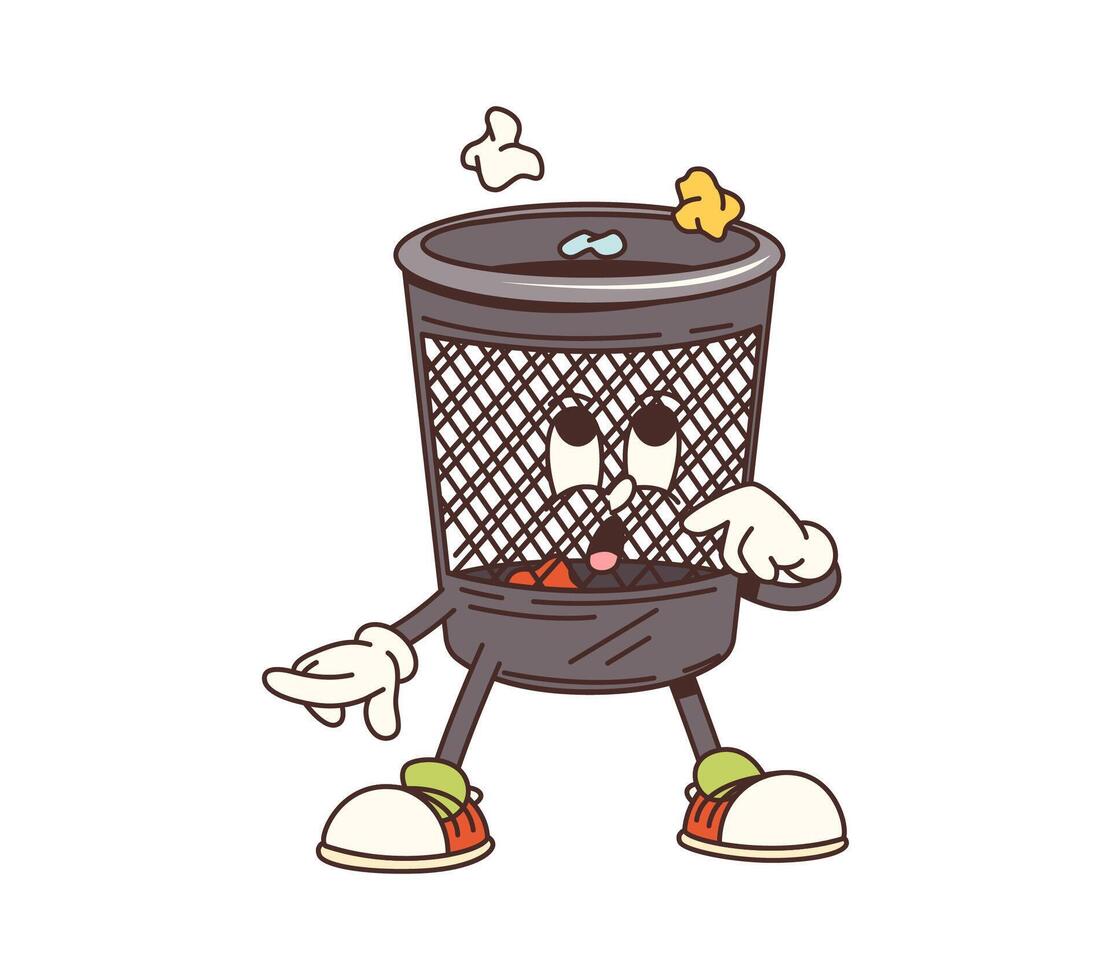 Cartoon groovy trash bin household character vector