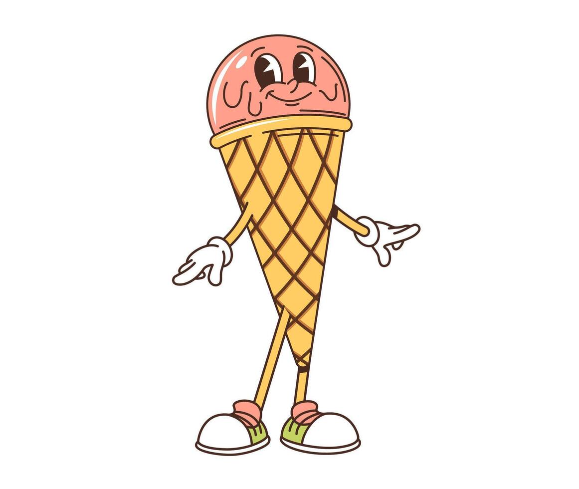 Groovy retro cartoon ice cream dessert character vector
