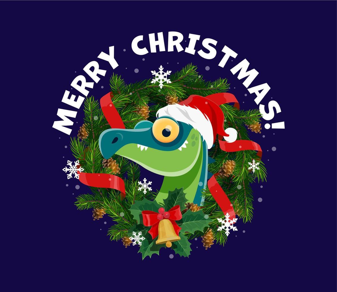 Playful dinosaur in Santa hat in Christmas wreath vector