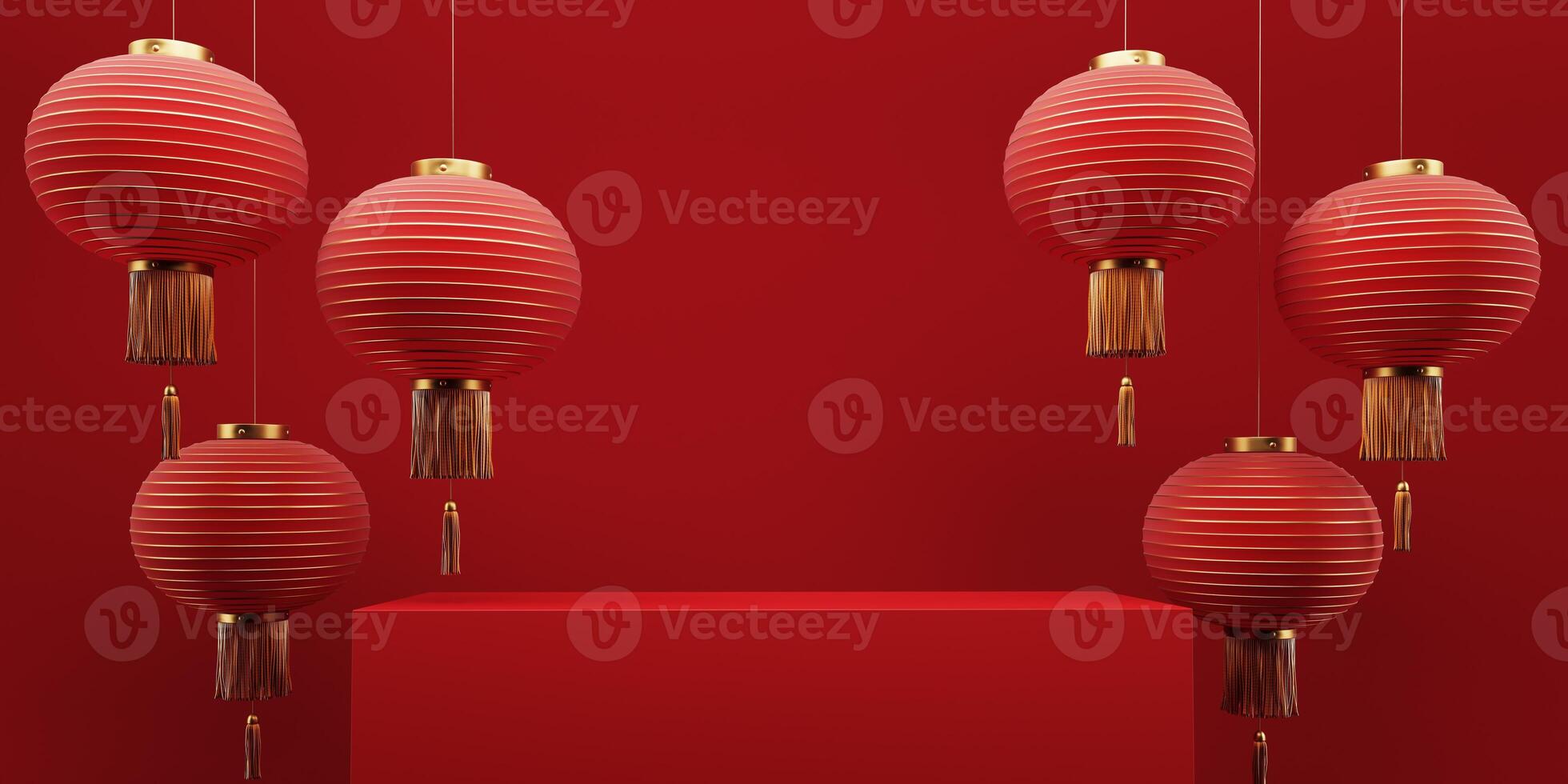 3d render of a festive Chinese New Year celebration, with a luxurious red and gold podium display with lanterns, paper fans. Background for advertising, promotional poster or flyer. photo