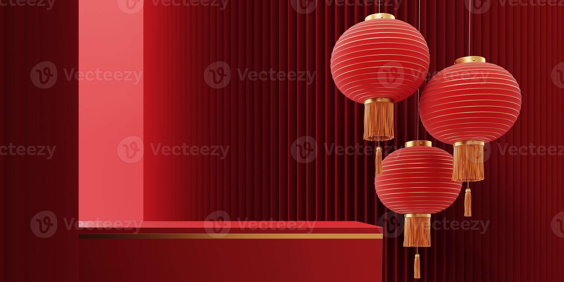 3d render of a festive Chinese New Year celebration, with a luxurious red and gold podium display with lanterns, paper fans. Background for advertising, promotional poster or flyer. photo
