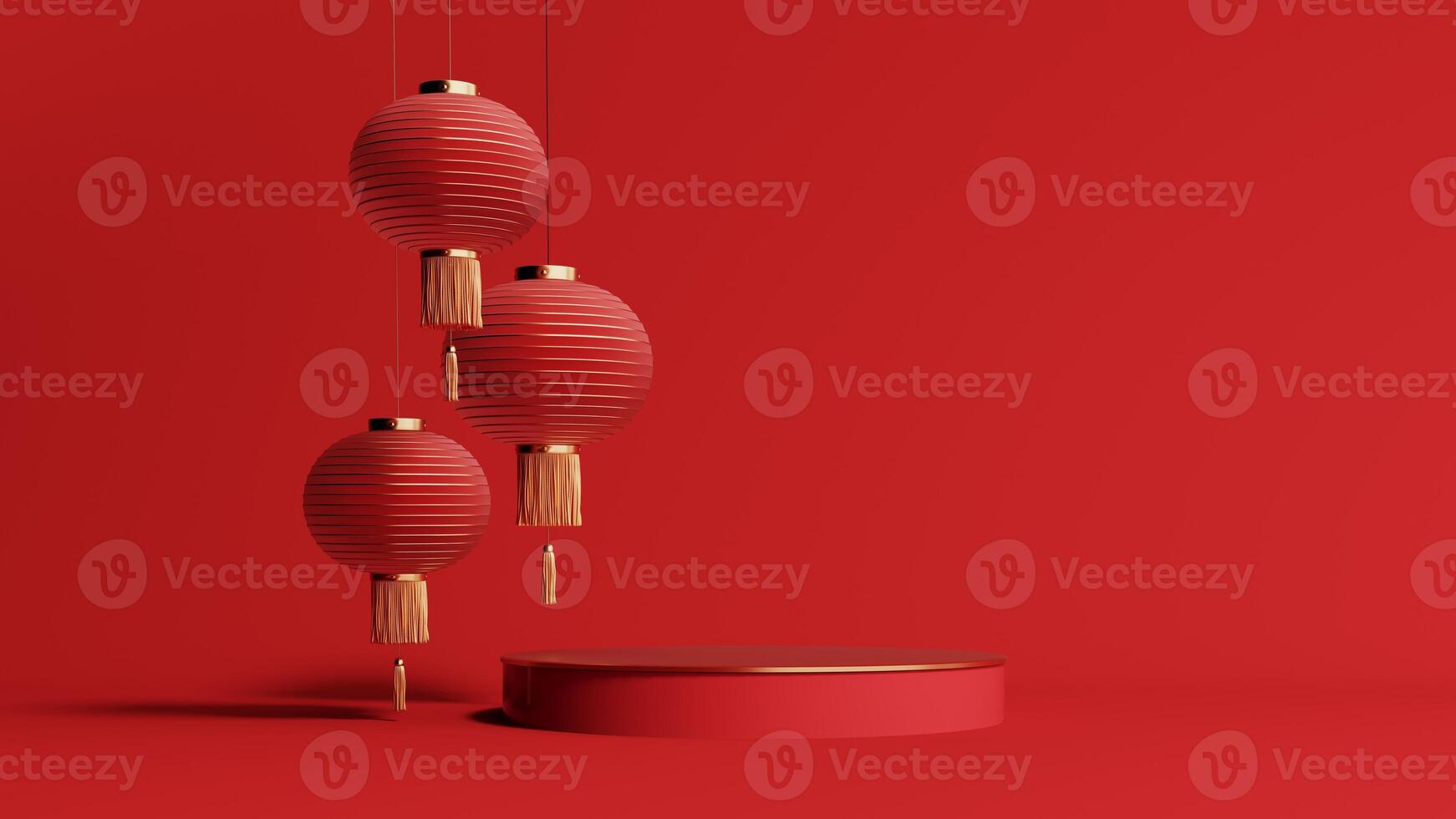 3d render of a festive Chinese New Year celebration, with a luxurious red and gold podium display with lanterns, paper fans. Background for advertising, promotional poster or flyer. photo