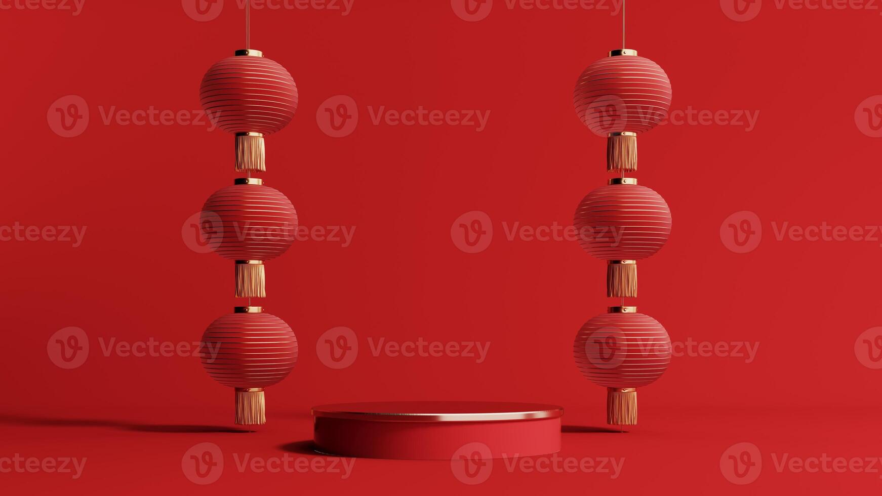 3d render of a festive Chinese New Year celebration, with a luxurious red and gold podium display with lanterns, paper fans. Background for advertising, promotional poster or flyer. photo