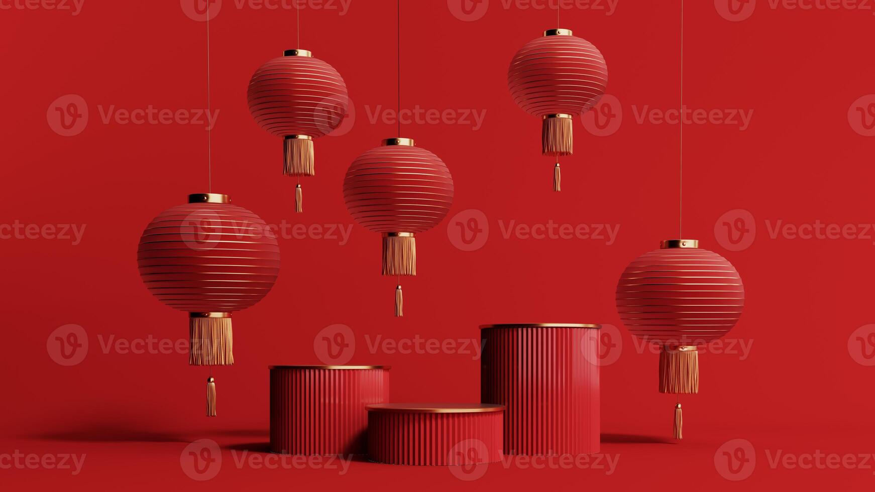 3d render of a festive Chinese New Year celebration, with a luxurious red and gold podium display with lanterns, paper fans. Background for advertising, promotional poster or flyer. photo