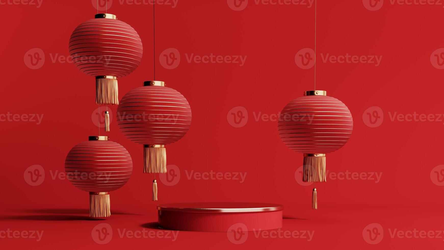 3d render of a festive Chinese New Year celebration, with a luxurious red and gold podium display with lanterns, paper fans. Background for advertising, promotional poster or flyer. photo