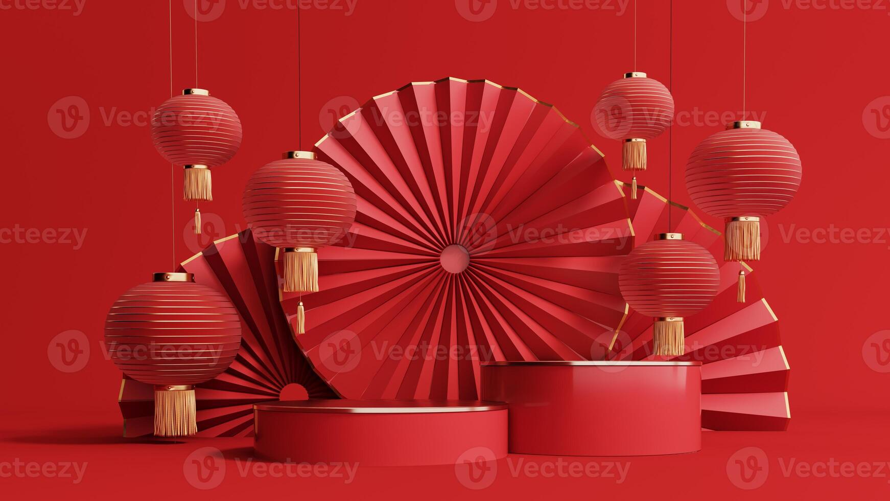 3d render of a festive Chinese New Year celebration, with a luxurious red and gold podium display with lanterns, paper fans. Background for advertising, promotional poster or flyer. photo