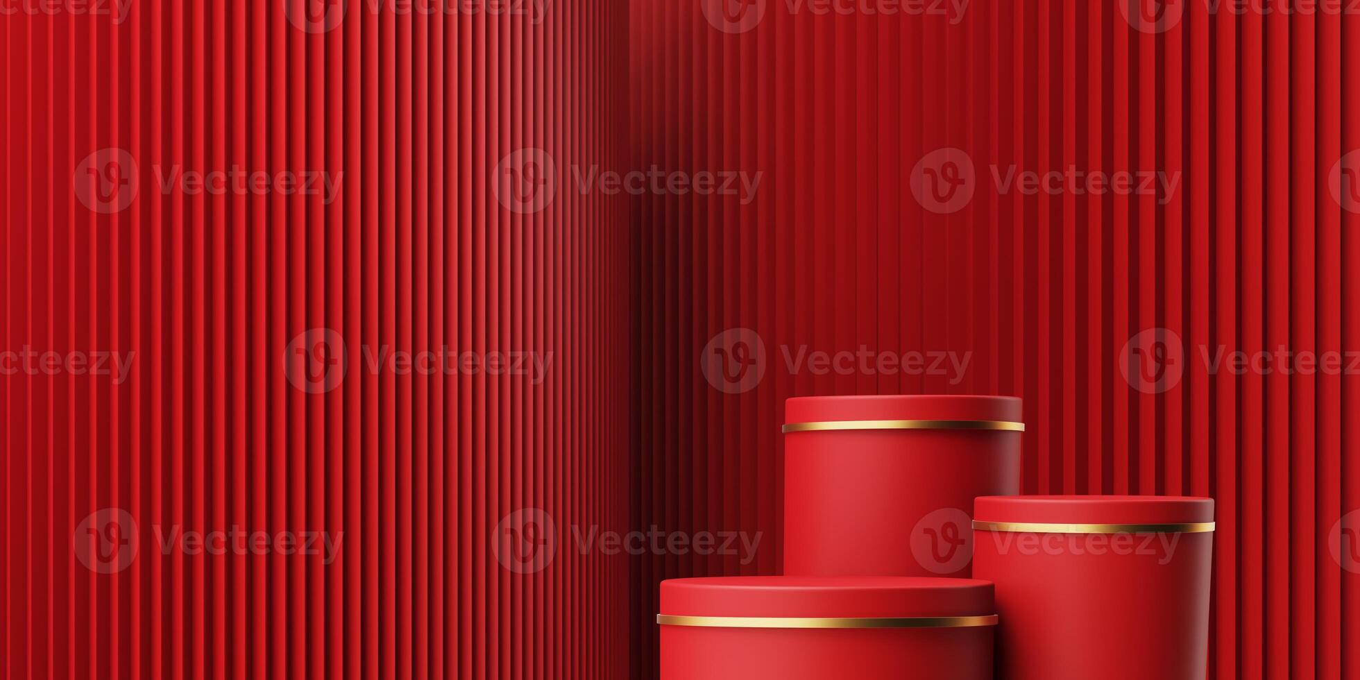 3d render of a festive Chinese New Year celebration, with a luxurious red and gold podium display with lanterns, paper fans. Background for advertising, promotional poster or flyer. photo