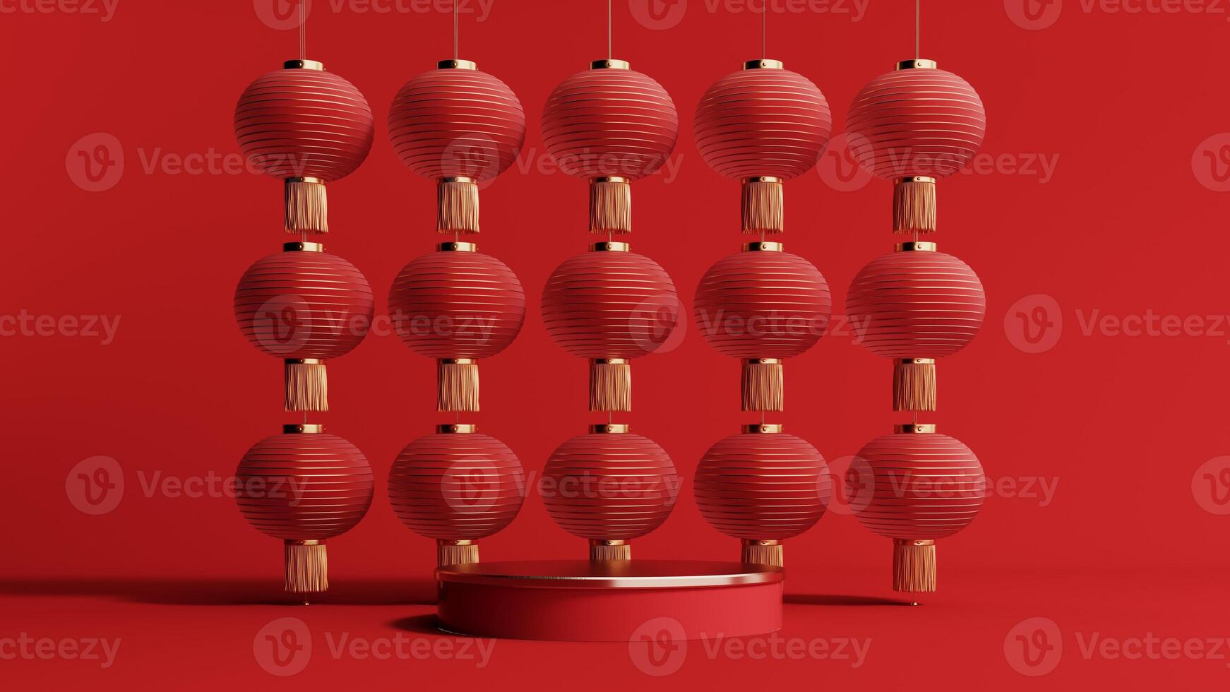 3d render of a festive Chinese New Year celebration, with a luxurious red and gold podium display with lanterns, paper fans. Background for advertising, promotional poster or flyer. photo