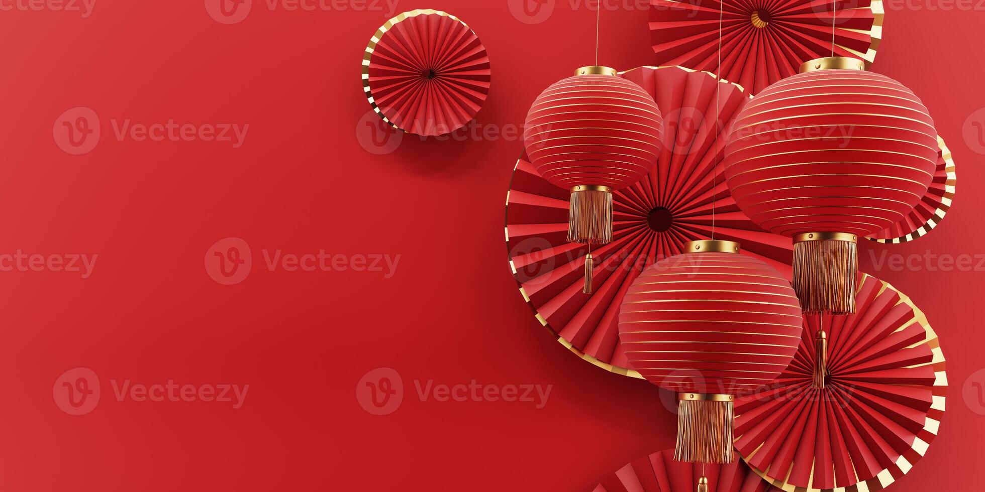 3D render of a modern, geometric background for Chinese New Year celebration with oriental elements, lanterns, paper fans. Suitable for festive advertisements or special offer promotions. photo