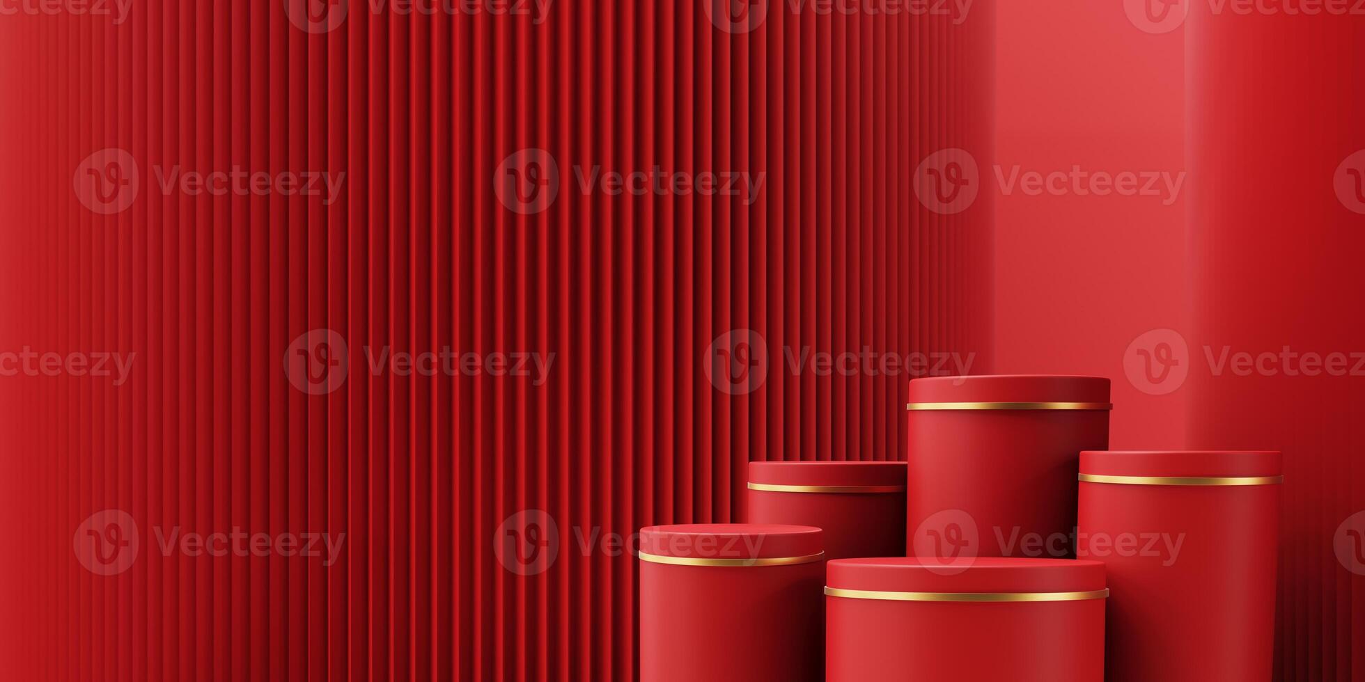 3d render of a festive Chinese New Year celebration, with a luxurious red and gold podium display with lanterns, paper fans. Background for advertising, promotional poster or flyer. photo