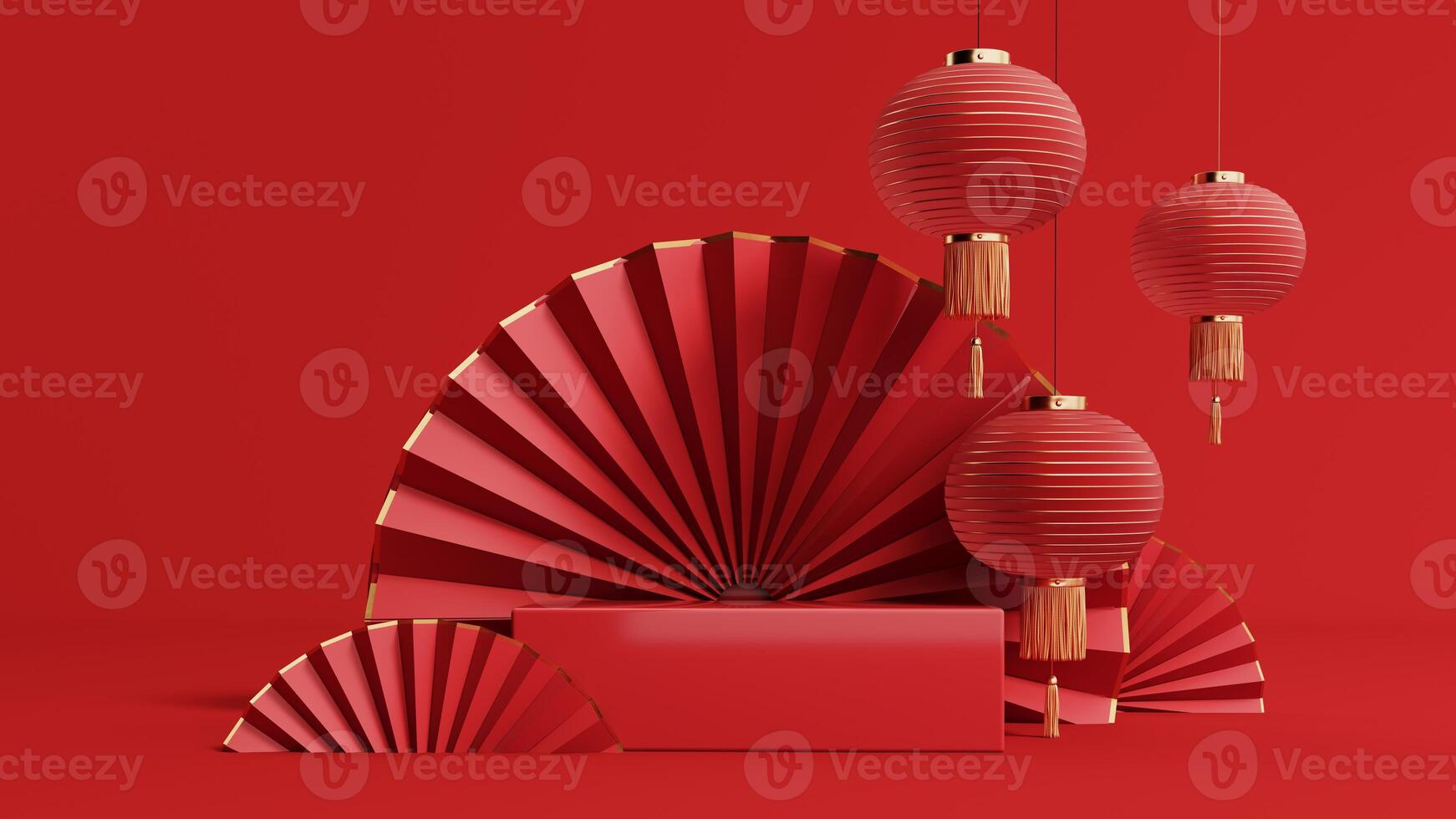 3d render of a festive Chinese New Year celebration, with a luxurious red and gold podium display with lanterns, paper fans. Background for advertising, promotional poster or flyer. photo