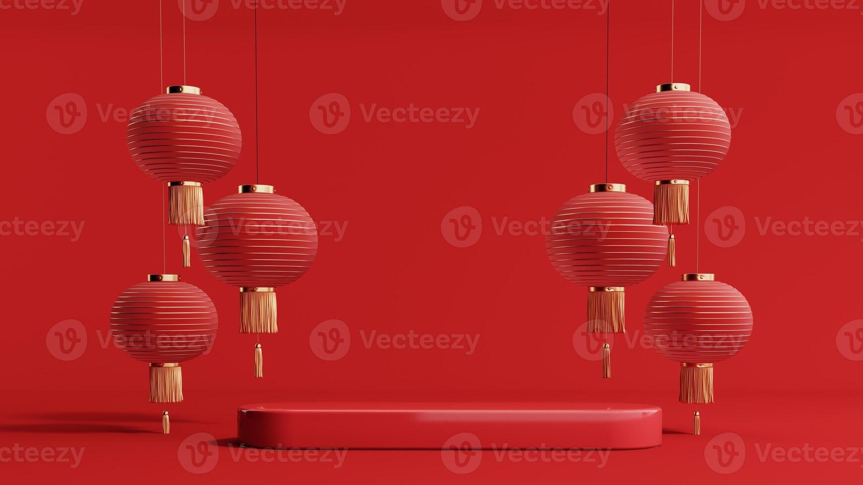 3d render of a festive Chinese New Year celebration, with a luxurious red and gold podium display with lanterns, paper fans. Background for advertising, promotional poster or flyer. photo