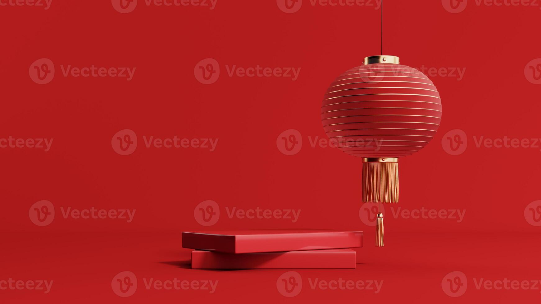 3d render of a festive Chinese New Year celebration, with a luxurious red and gold podium display with lanterns, paper fans. Background for advertising, promotional poster or flyer. photo