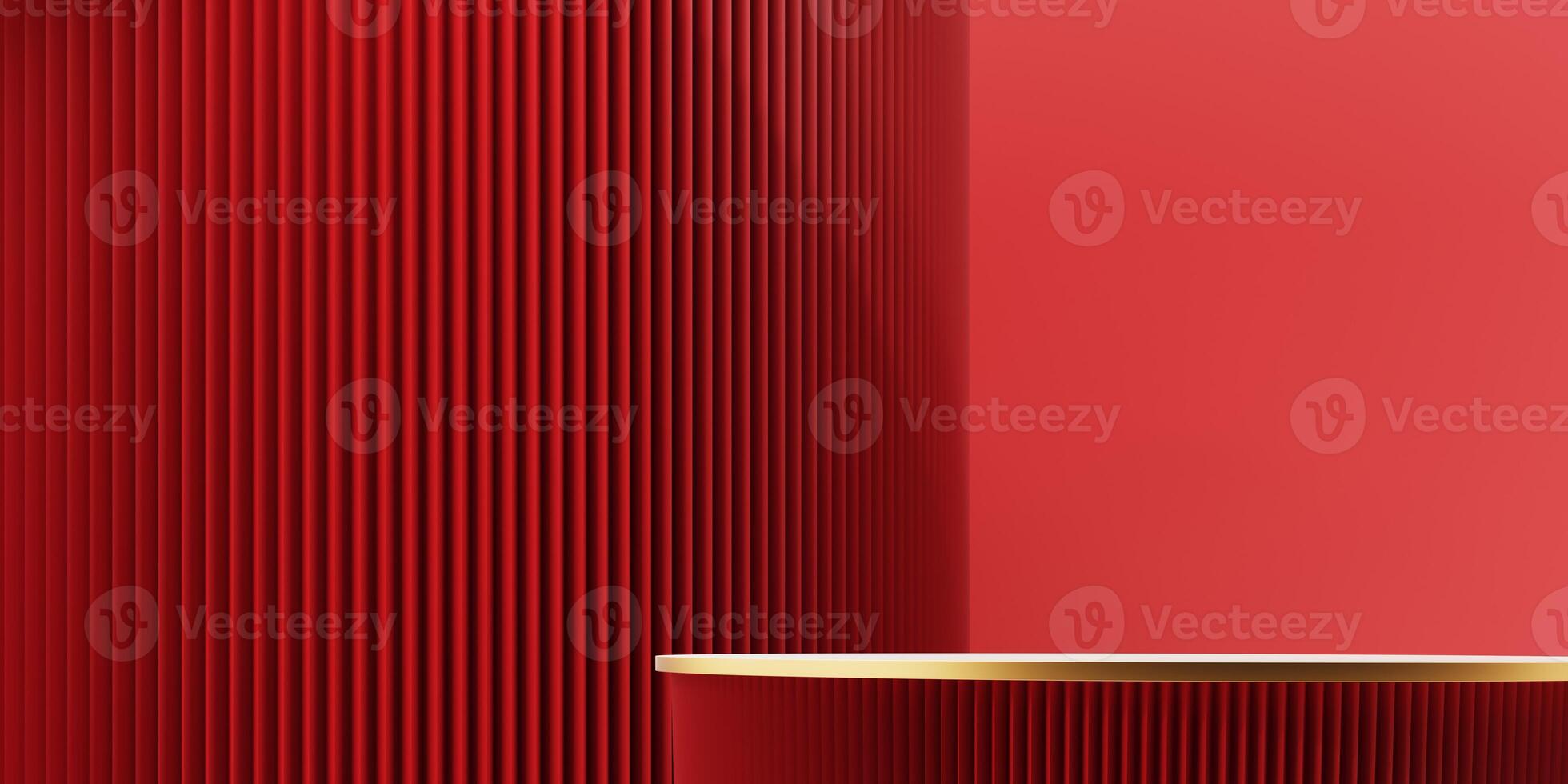 3d render of a festive Chinese New Year celebration, with a luxurious red and gold podium display with lanterns, paper fans. Background for advertising, promotional poster or flyer. photo