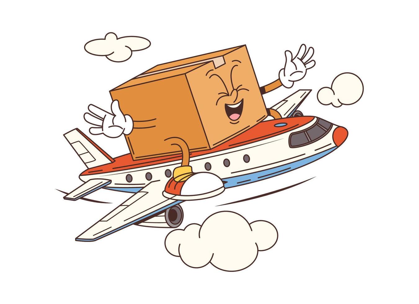 Groovy delivery cardboard character on airplane vector