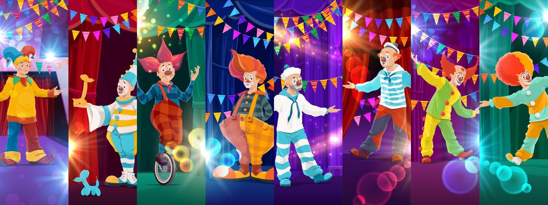 Cartoon circus clown characters collage at funfair vector