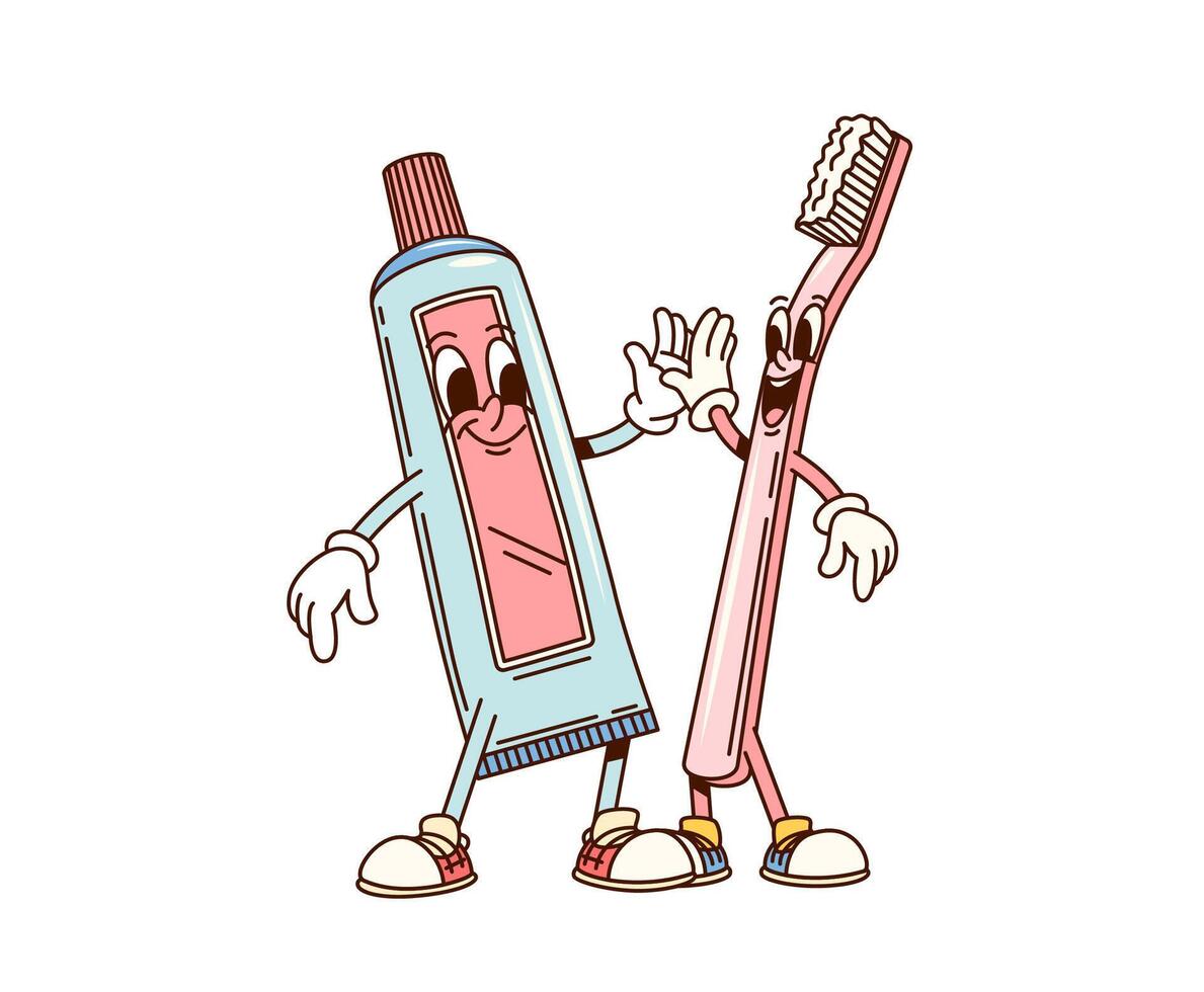 Groovy toothpaste and brush characters high fiving vector