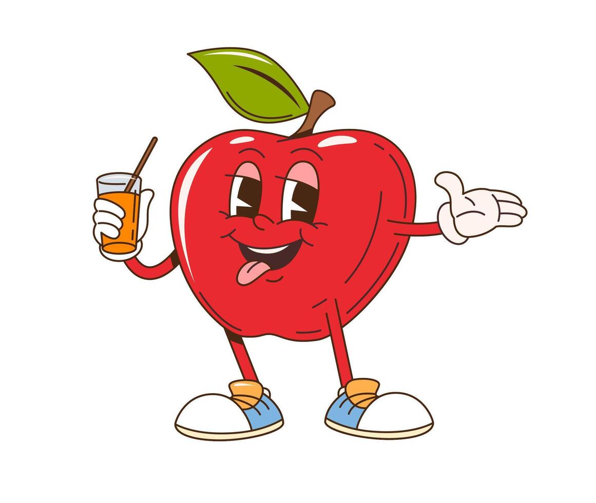 Groovy retro cartoon red apple fruit character vector
