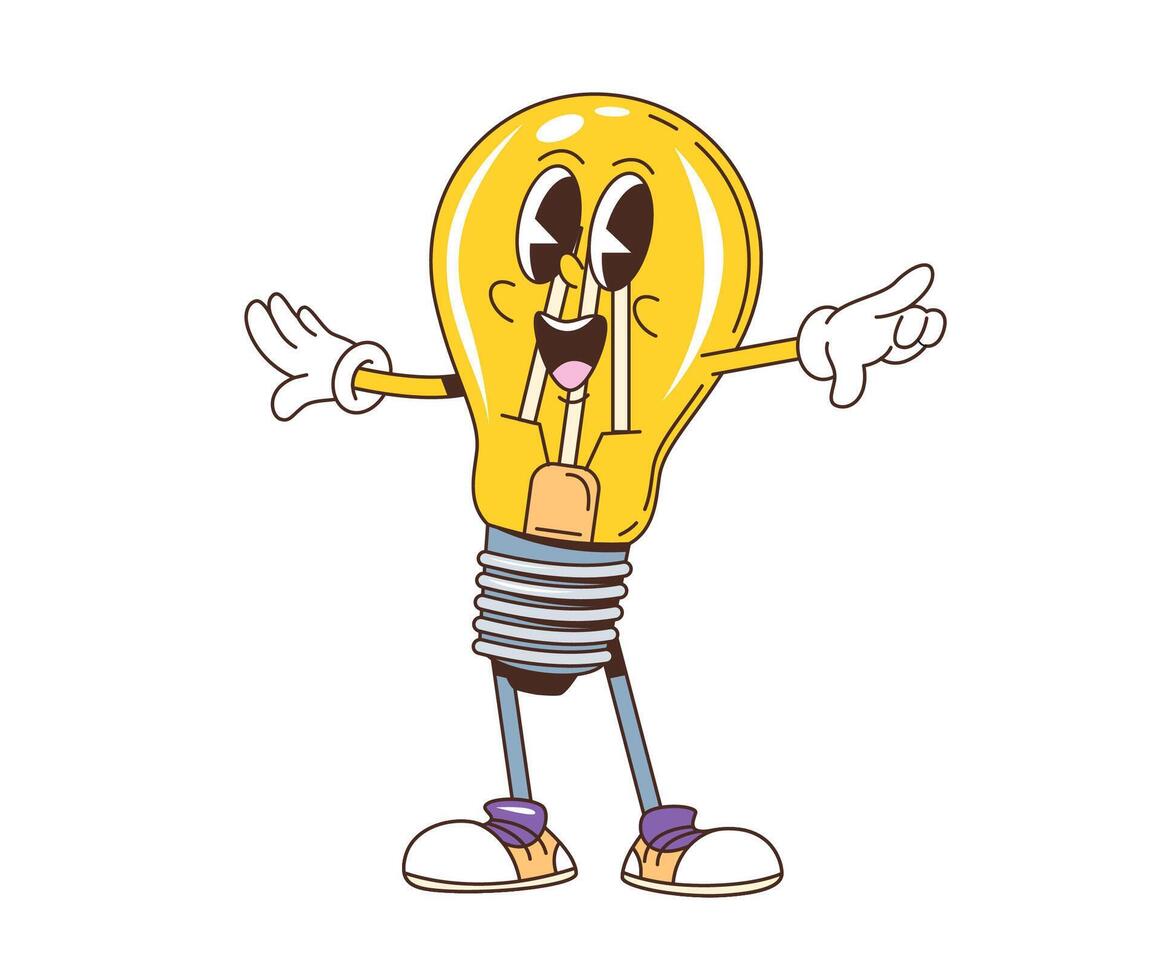 Cartoon retro groovy light bulb hippie character vector