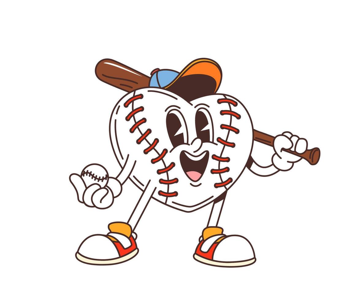 Cartoon groovy baseball heart character with bat vector