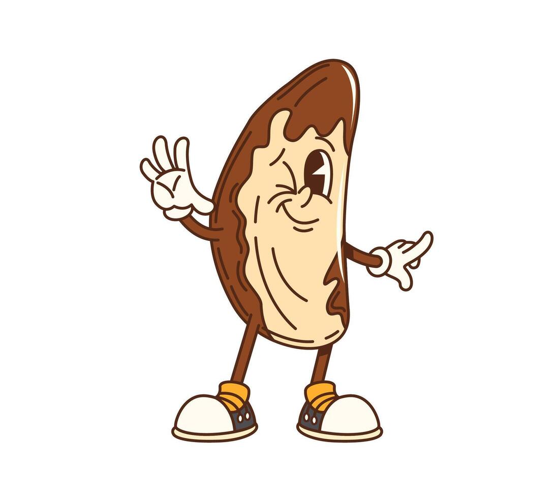 Cartoon groovy Brazilian nut retro character winks vector