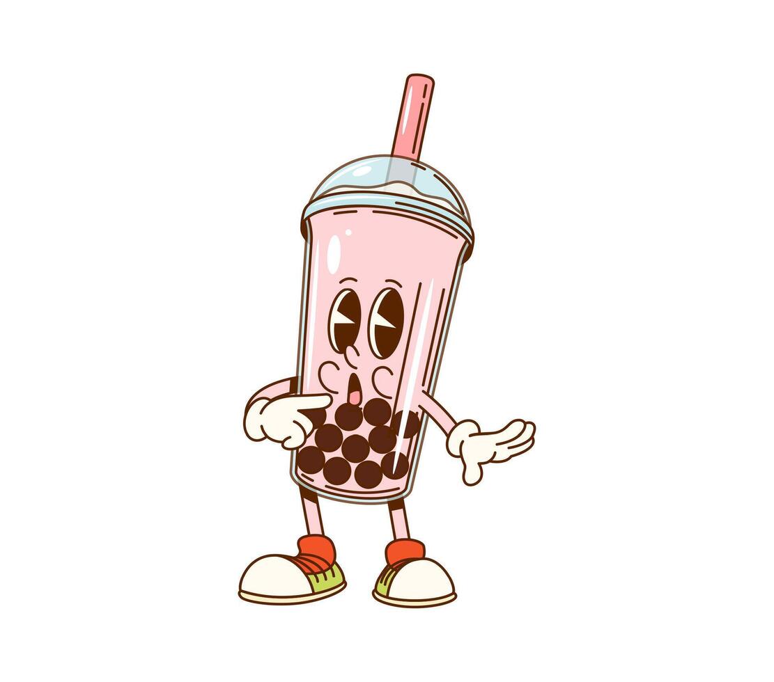 Cartoon groovy pink bubble tea fast food character vector
