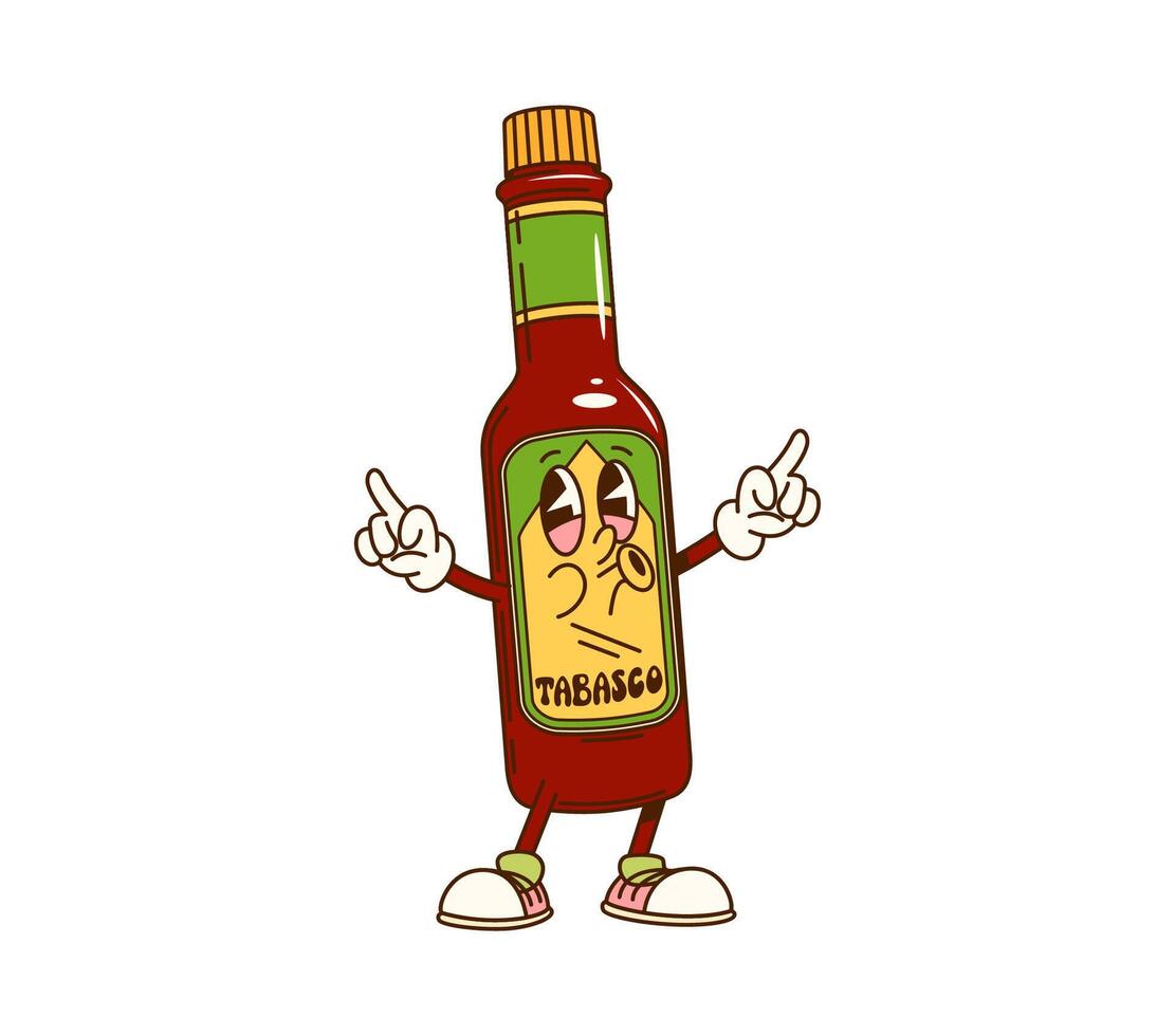 Cartoon groovy tabasco sauce bottle character vector