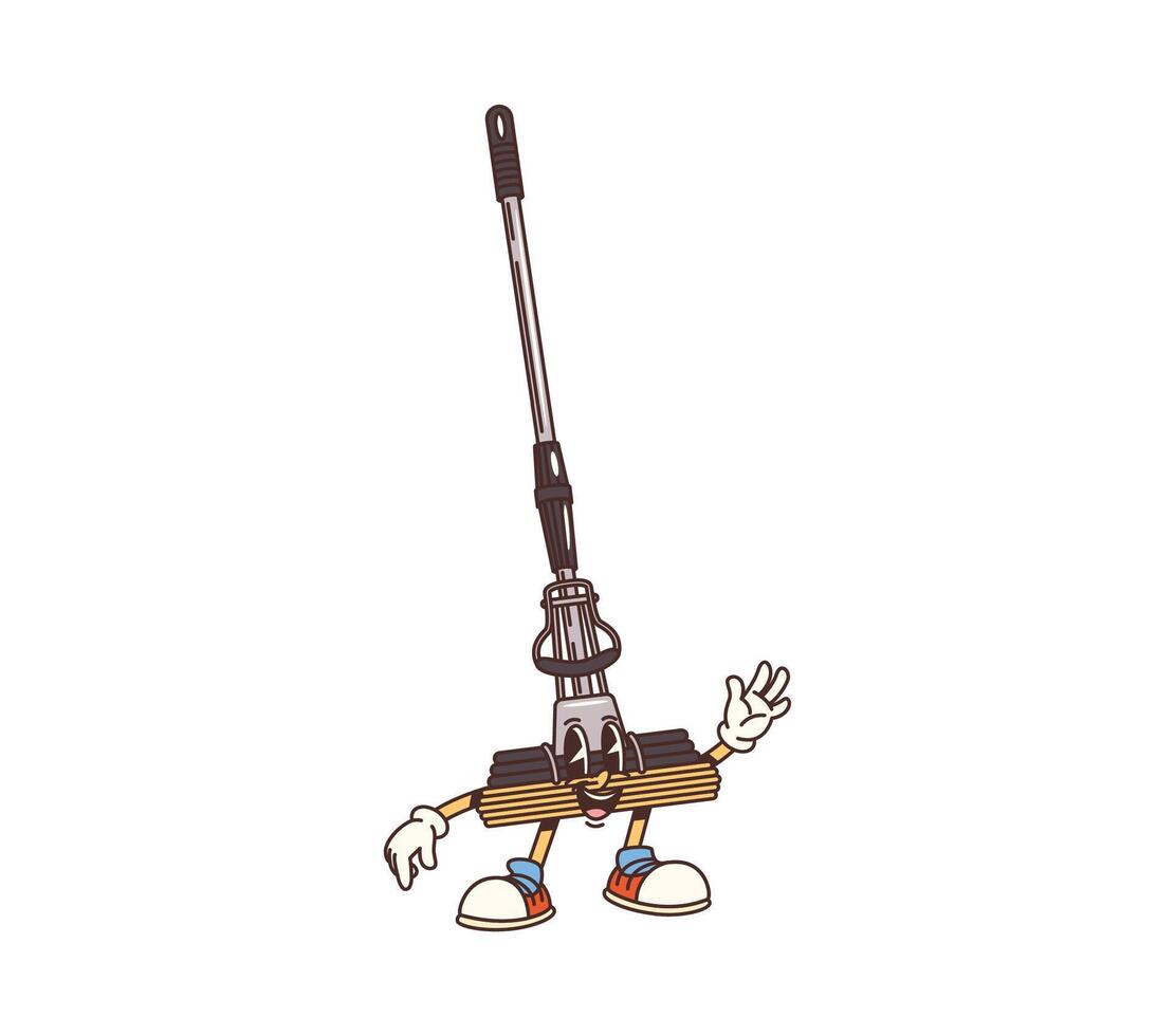 Cartoon mop groovy cleaning tool retro character vector