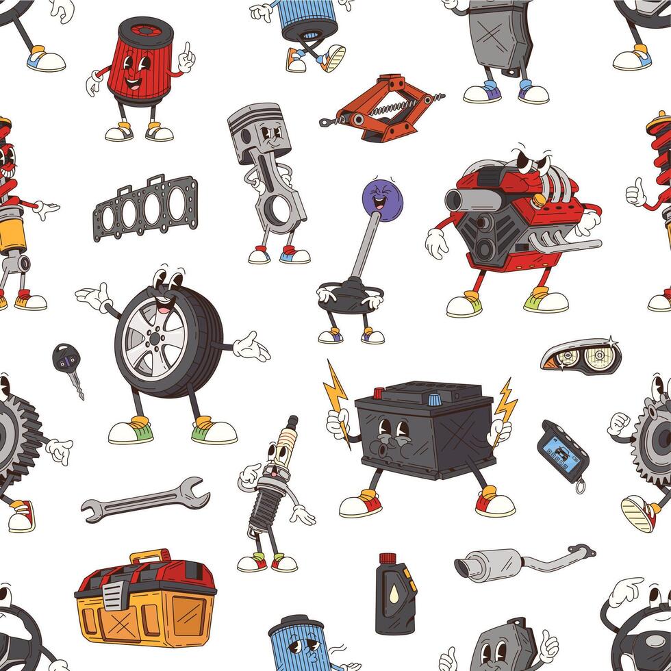 Groovy car spare parts character seamless pattern vector