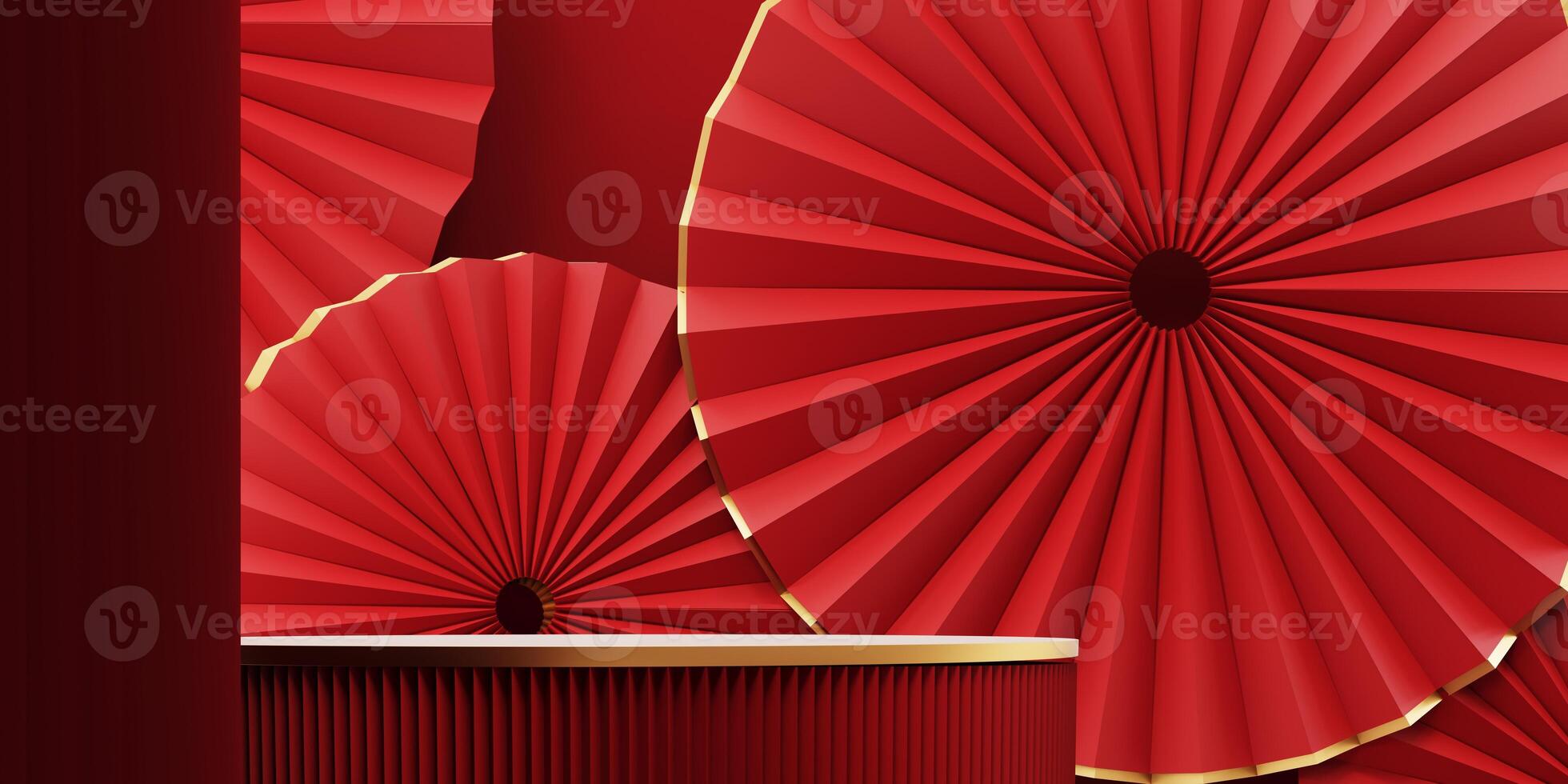 3d render of a festive Chinese New Year celebration, with a luxurious red and gold podium display with lanterns, paper fans. Background for advertising, promotional poster or flyer. photo
