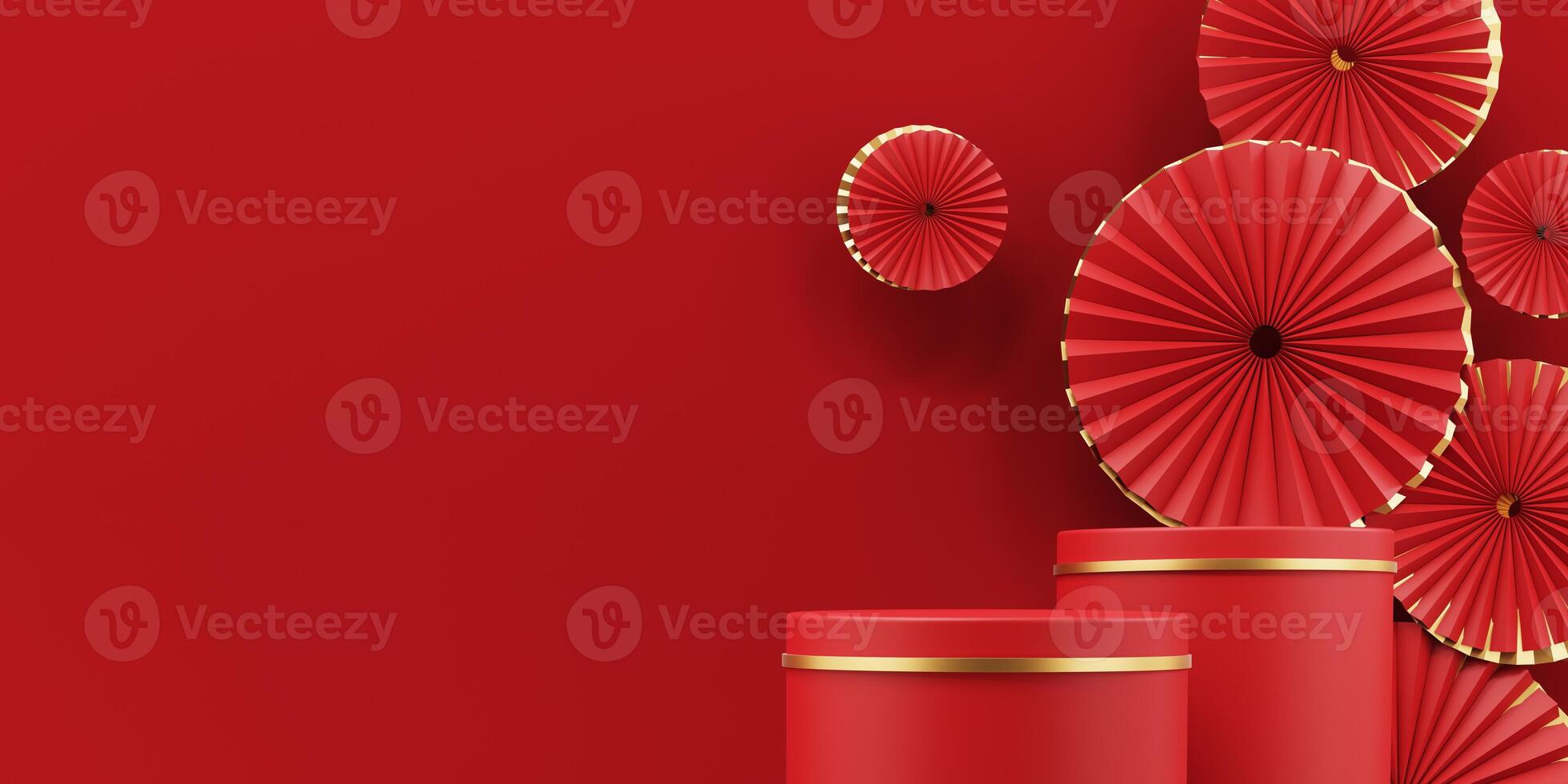 3d render of a festive Chinese New Year celebration, with a luxurious red and gold podium display with lanterns, paper fans. Background for advertising, promotional poster or flyer. photo