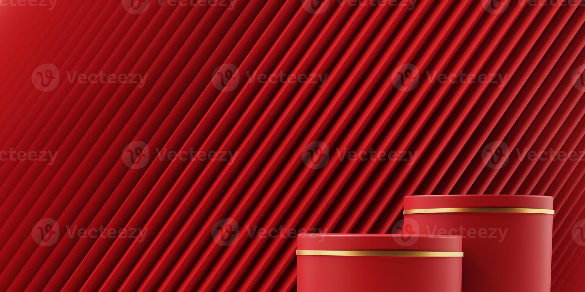 3d render of a festive Chinese New Year celebration, with a luxurious red and gold podium display with lanterns, paper fans. Background for advertising, promotional poster or flyer. photo