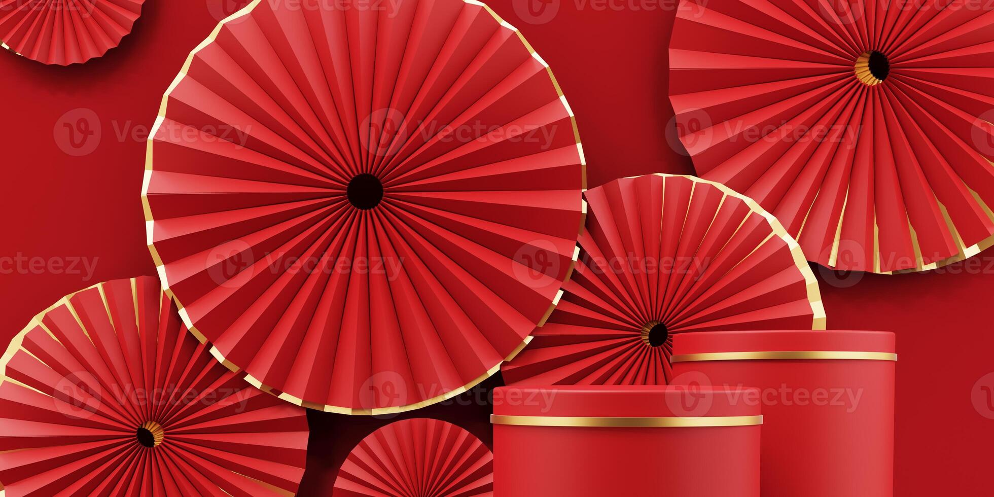 3d render of a festive Chinese New Year celebration, with a luxurious red and gold podium display with lanterns, paper fans. Background for advertising, promotional poster or flyer. photo